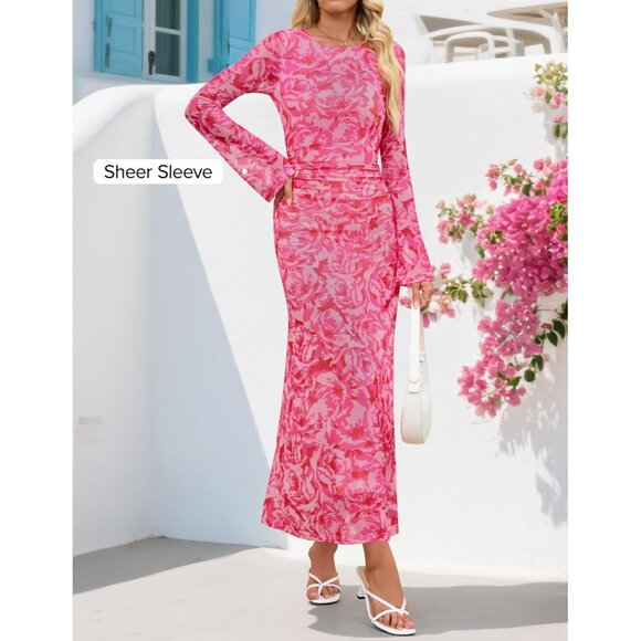 Zesica Women's Floral Rose Ruched Mesh Long Sleeve Floral Bodycon Dress - Picture 4 of 6